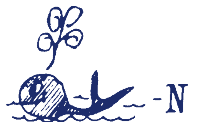 The original hand-drawn MJ Whalen logo: a spouting whale followed by -N